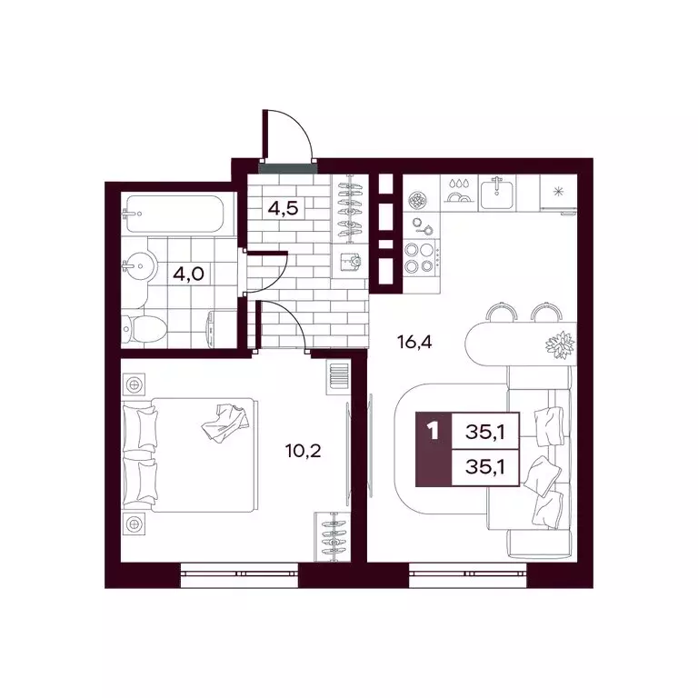 1-комнатная квартира: Дударева, ЖК Макс (35.08 м) - Фото 0