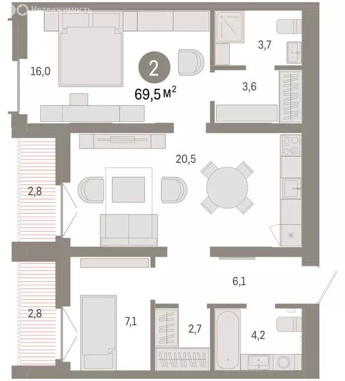 2-комнатная квартира: Тюмень, жилой комплекс Республики 205 (69.53 м) - Фото 2