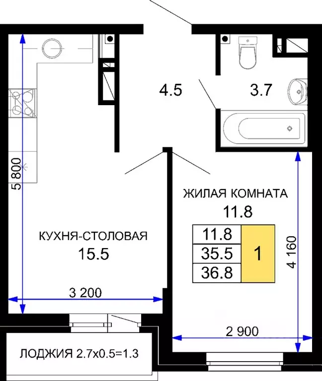 1-к кв. Краснодарский край, Краснодар Дыхание жилой комплекс (36.8 м) - Фото 0