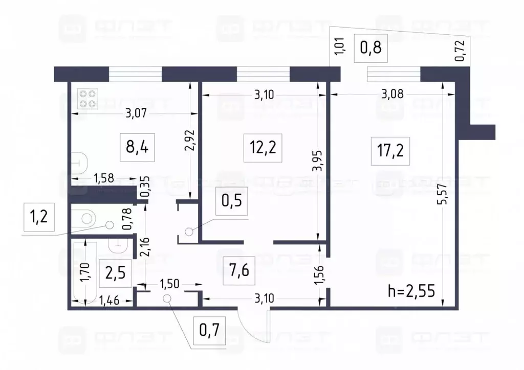 2-к кв. Татарстан, Казань ул. Фатыха Амирхана, 30 (50.3 м) - Фото 2
