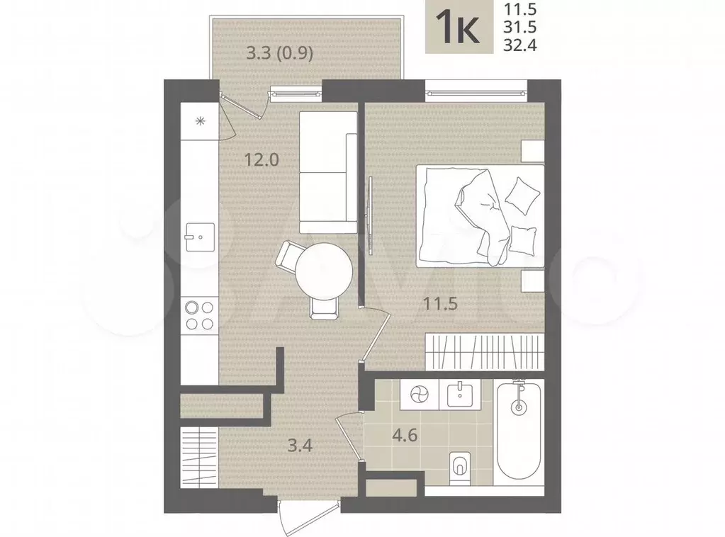 1-к. квартира, 32,4 м, 5/7 эт. - Фото 1