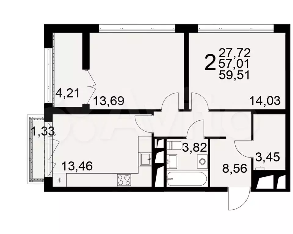 2-к. квартира, 59,5 м, 13/25 эт. - Фото 0