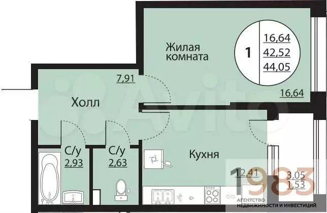 1-к. квартира, 44 м, 2/24 эт. - Фото 0
