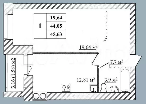 1-к. квартира, 45,6 м, 9/10 эт. - Фото 0