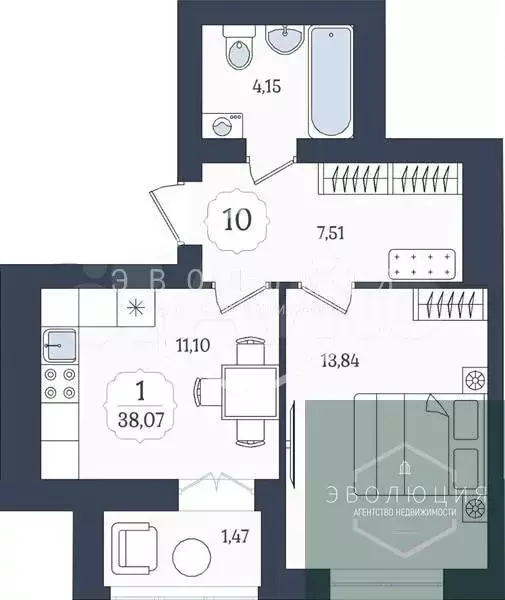 1-к. квартира, 38,1 м, 8/9 эт. - Фото 0