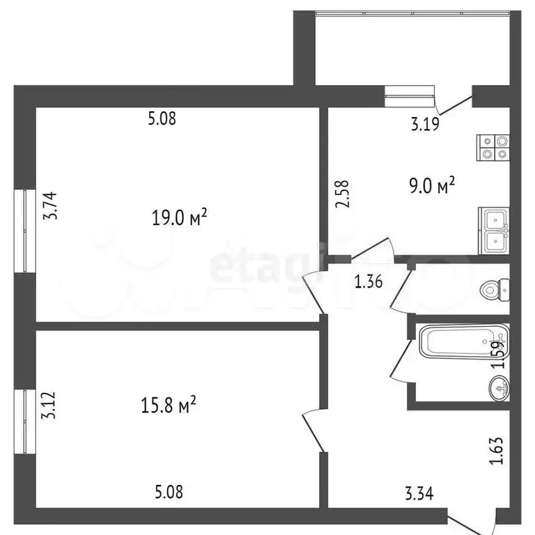 2-к. квартира, 56,6 м, 14/16 эт. - Фото 1