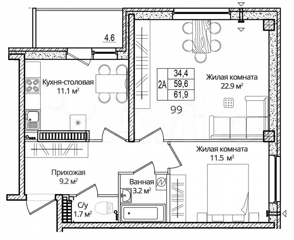 2-к. квартира, 61,9 м, 15/16 эт. - Фото 0