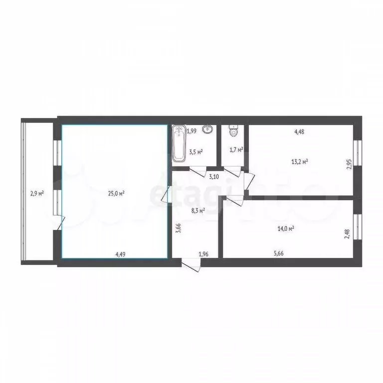 2-к. квартира, 55,7 м, 4/5 эт. - Фото 0