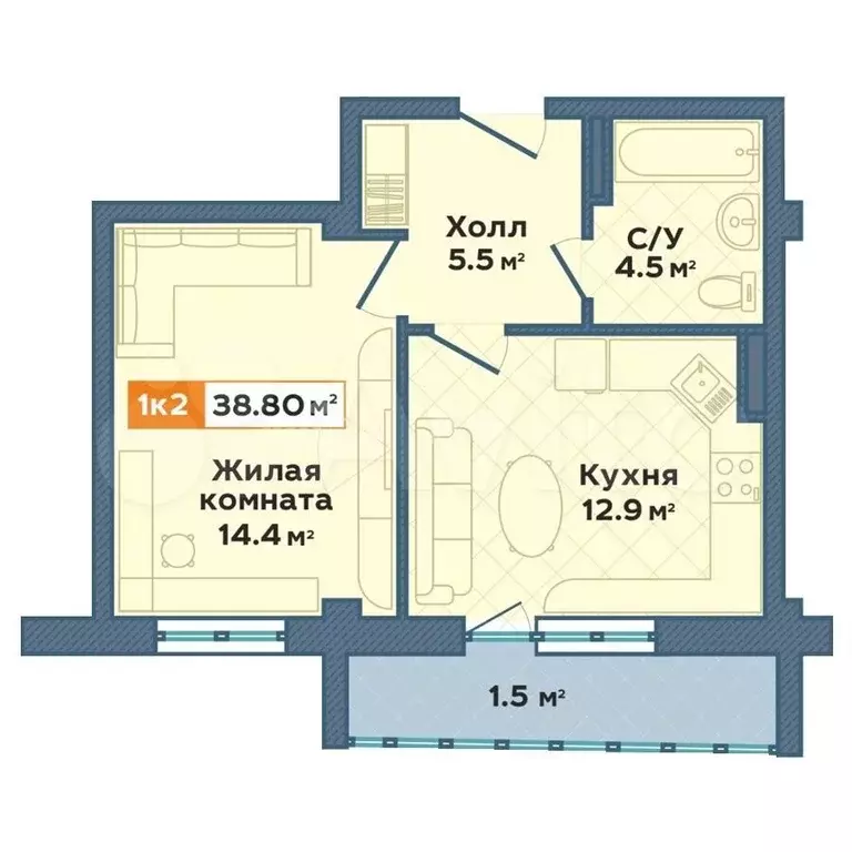 1-к. квартира, 36,8 м, 8/9 эт. - Фото 0