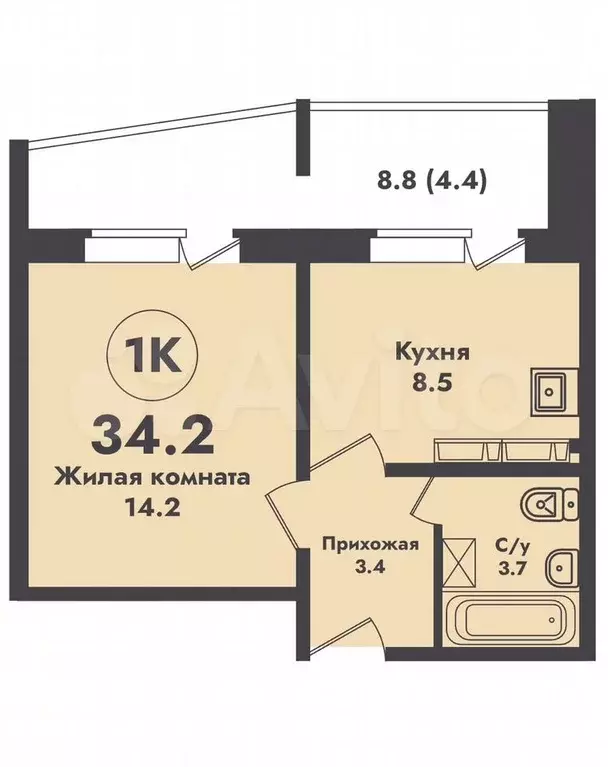1-к. квартира, 34,2 м, 7/17 эт. - Фото 0