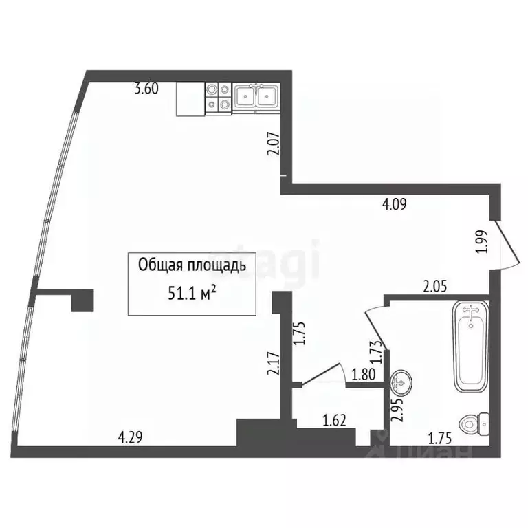 Студия Кемеровская область, Новокузнецк ул. Спартака, 14Б (51.1 м) - Фото 2