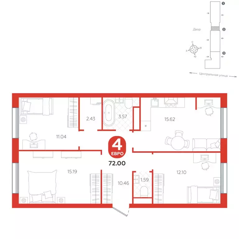 4-комнатная квартира: Горьковка, Центральная улица, 25к1 (72 м) - Фото 1