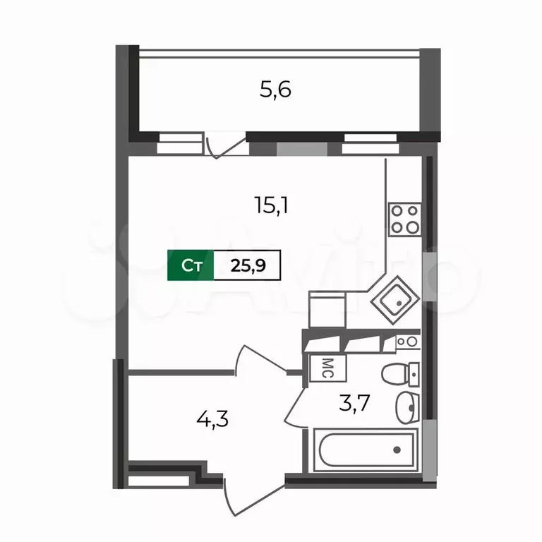 Квартира-студия, 25,9 м, 17/17 эт. - Фото 0