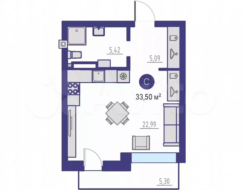 Квартира-студия, 33,5 м, 2/4 эт. - Фото 1