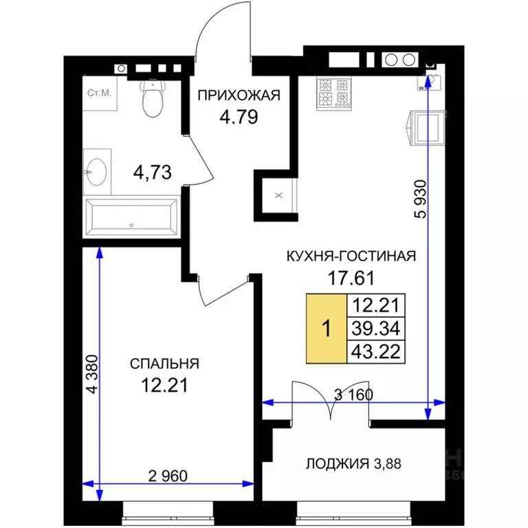 1-к кв. Калининградская область, Гурьевск Включи жилой комплекс (43.22 ... - Фото 0