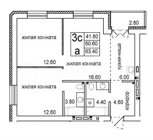 3-к. квартира, 63,4 м, 6/8 эт. - Фото 0