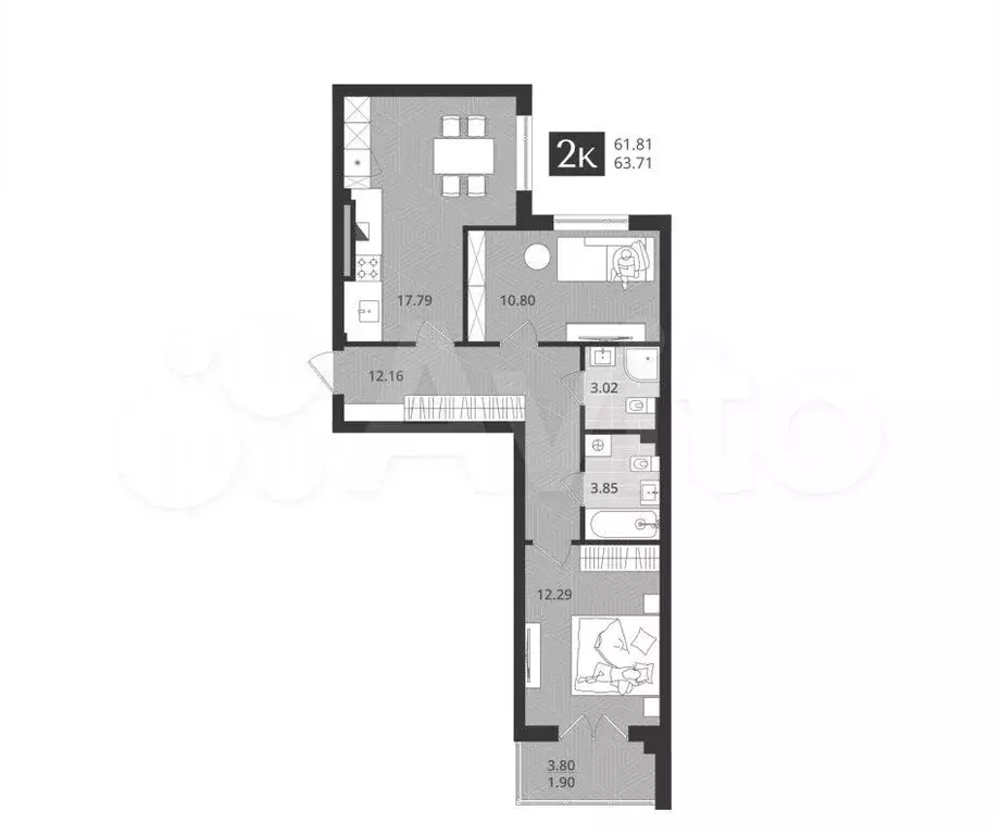 2-к. квартира, 61,8 м, 3/4 эт. - Фото 1