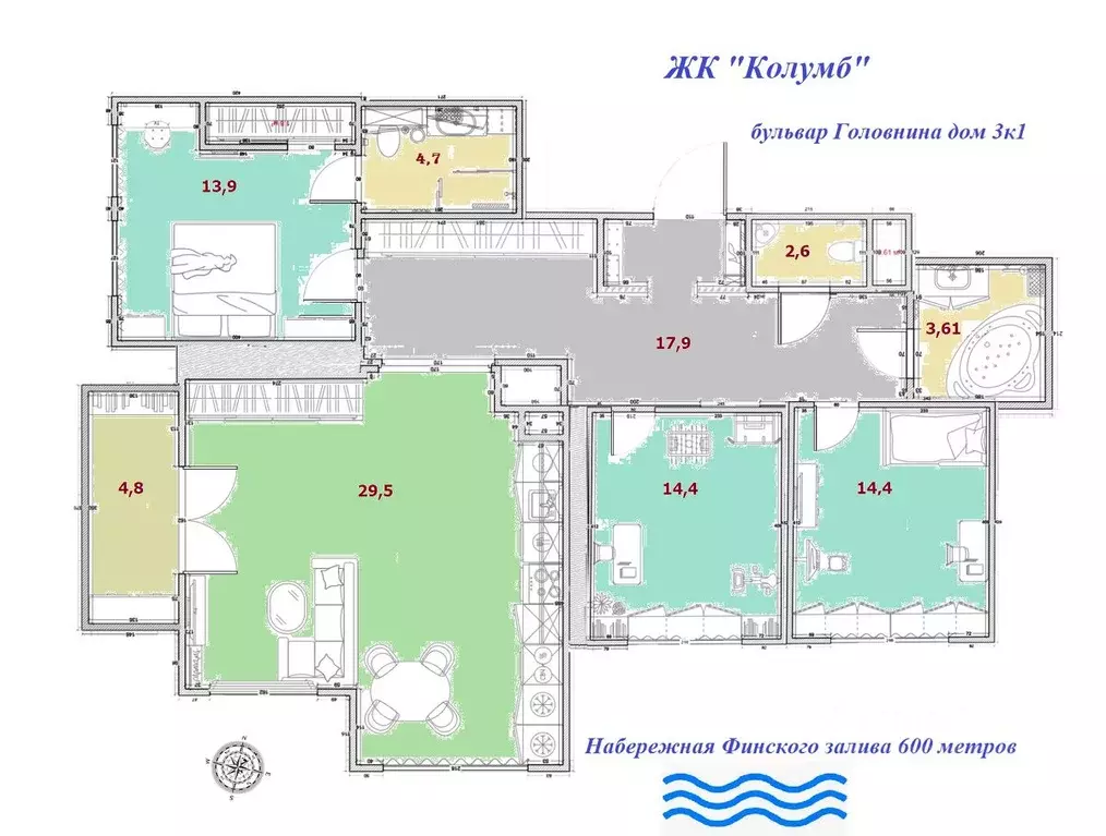 3-к кв. Санкт-Петербург бул. Головнина, 3к1 (108.0 м) - Фото 1