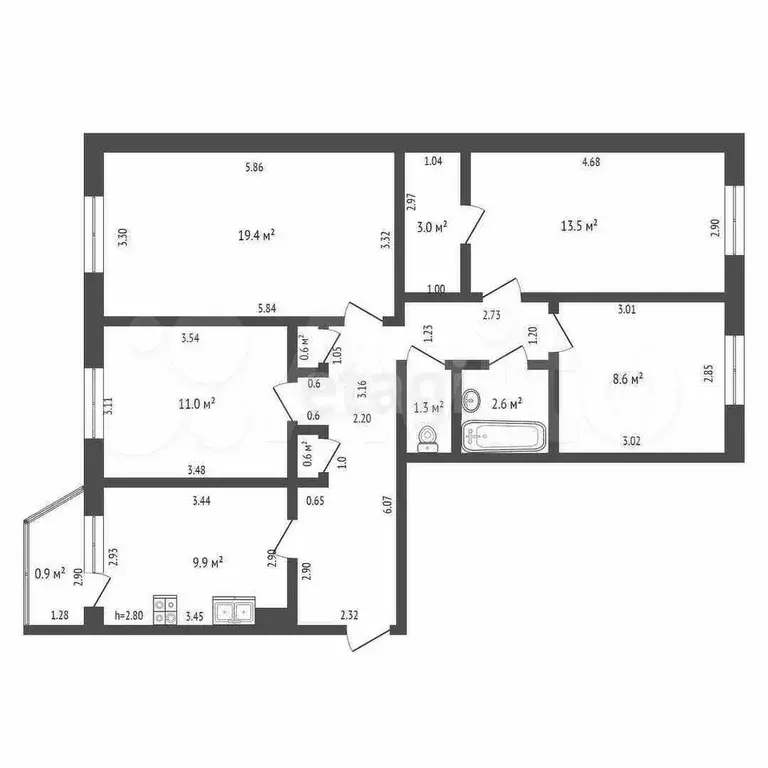 4-к. квартира, 86,3 м, 4/5 эт. - Фото 0