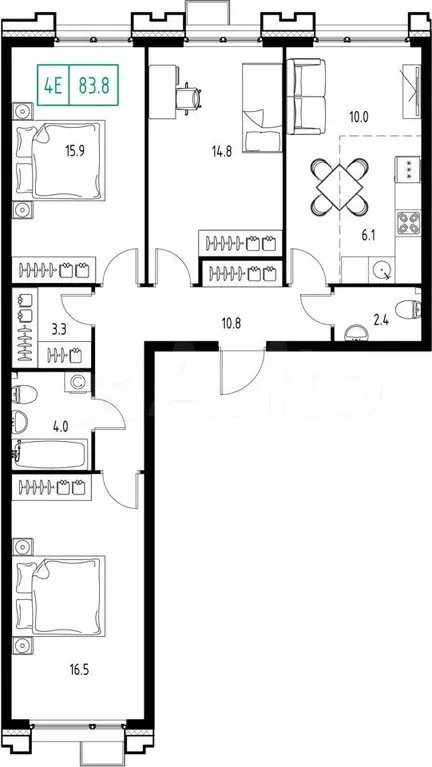 3-к. квартира, 83,8 м, 4/9 эт. - Фото 1