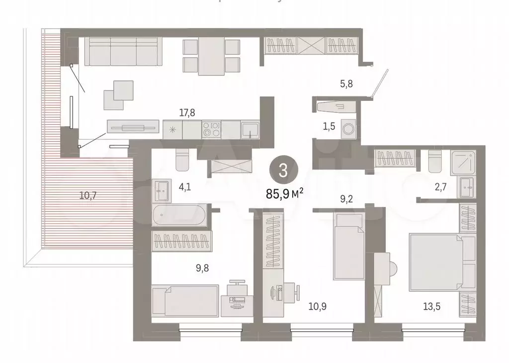 3-к. квартира, 85,9 м, 8/8 эт. - Фото 0