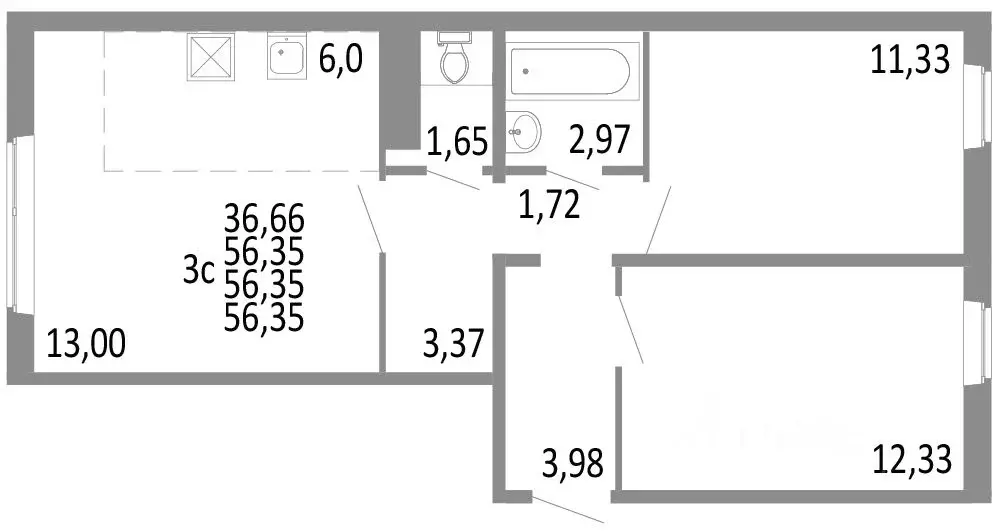 3-к кв. Челябинская область, Челябинск ул. Блюхера, 125Б (56.35 м) - Фото 0