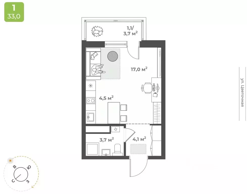 Студия Тверская область, Тверь Соминка мкр,  (30.4 м) - Фото 1