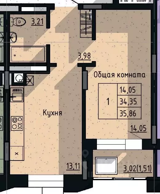 1-к кв. Саха (Якутия), Якутск пос. Геологов,  (35.86 м) - Фото 0