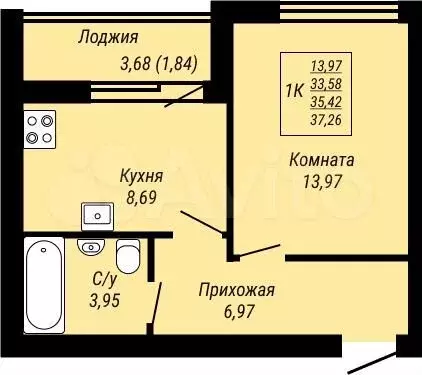 1-к. квартира, 37,3 м, 1/9 эт. - Фото 0