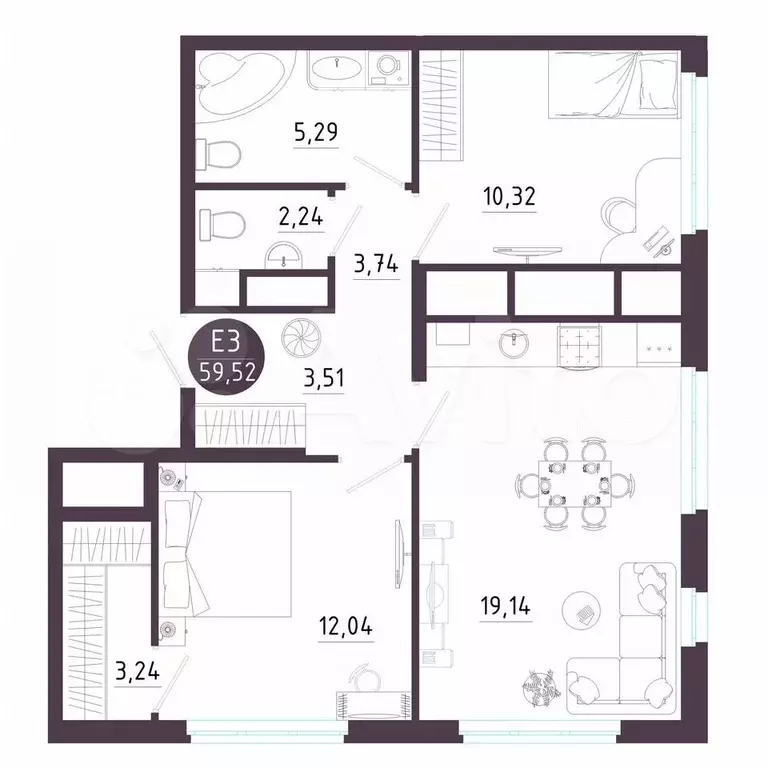 2-к. квартира, 59,5 м, 12/14 эт. - Фото 1