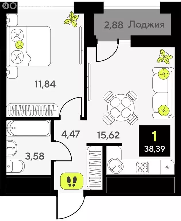 1-комнатная квартира: Тюмень, жилой комплекс Мотивы (38.39 м) - Фото 0