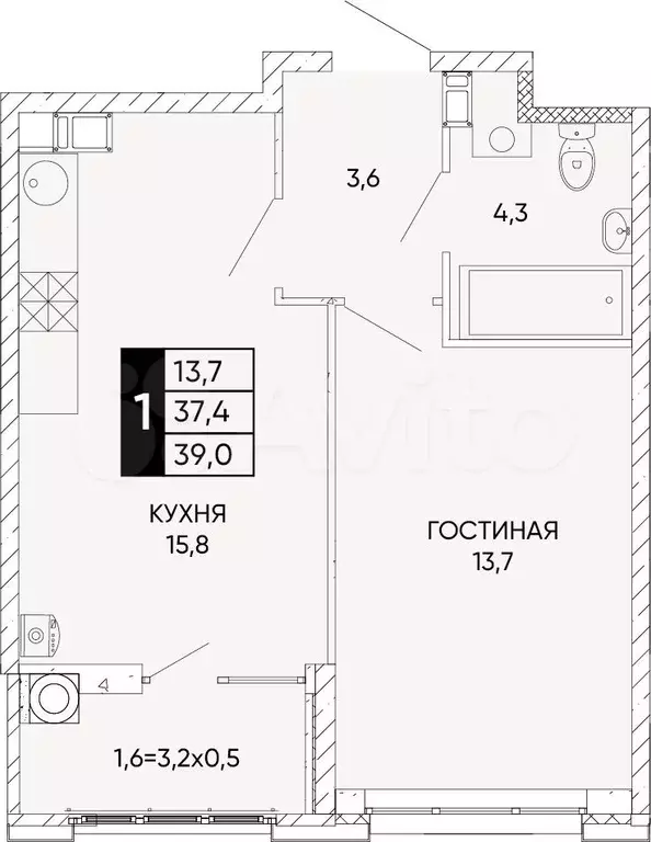 1-к. квартира, 39 м, 9/24 эт. - Фото 0