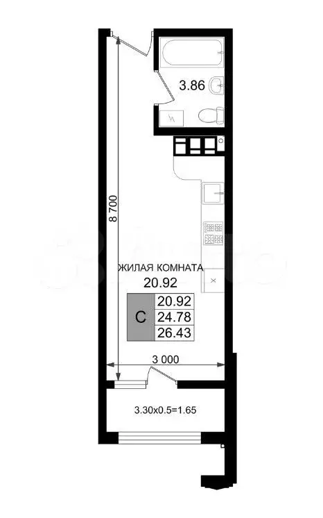 Квартира-студия, 26,4 м, 7/8 эт. - Фото 1