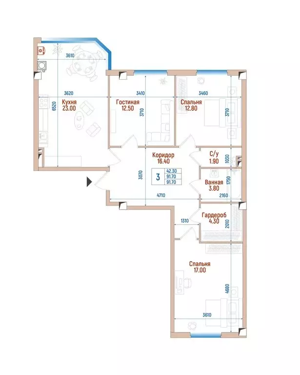3-комнатная квартира: Ставрополь, улица 45-я Параллель, 87 (91.7 м) - Фото 0