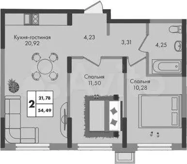 2-к. квартира, 54,5 м, 2/9 эт. - Фото 1