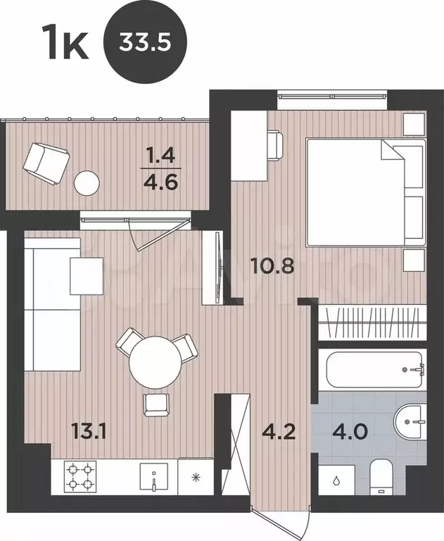 1-к. квартира, 33,5 м, 4/9 эт. - Фото 1