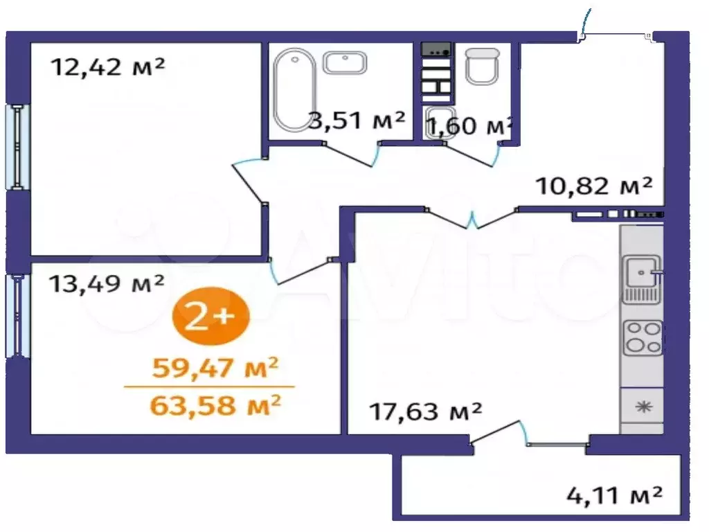 2-к. квартира, 59,5 м, 9/9 эт. - Фото 1