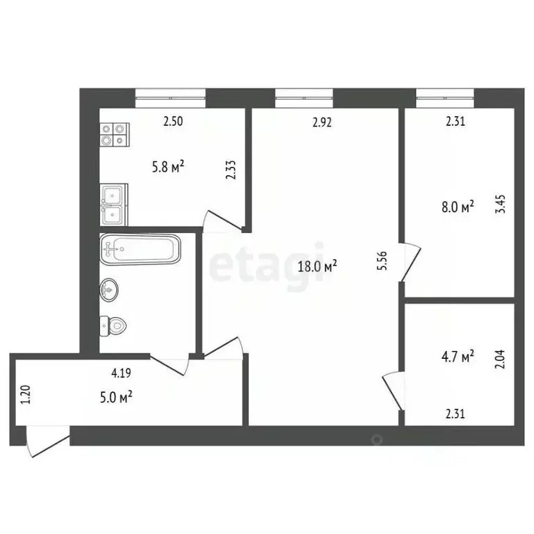 2-к кв. Тюменская область, Тюмень Полевая ул., 36 (44.2 м) - Фото 2