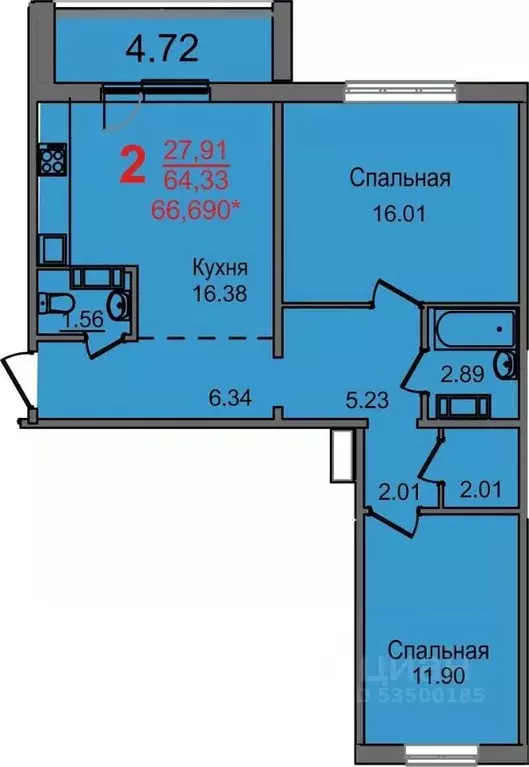 2-к кв. Челябинская область, Челябинск Новороссийская ул., 21а (64.33 ... - Фото 0