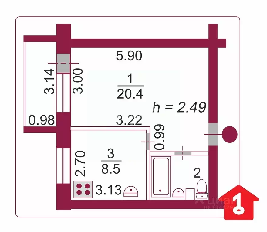 1-к кв. Омская область, Омск ул. Яковлева, 166 (34.8 м) - Фото 2