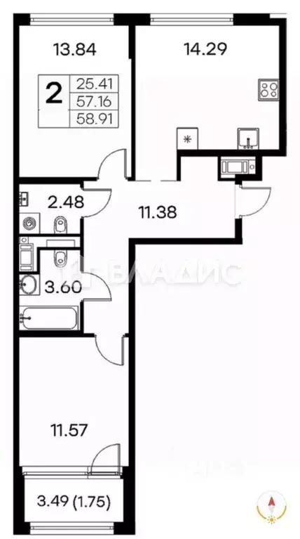 2-к кв. Санкт-Петербург ул. Челюскина, 10 (58.0 м) - Фото 2