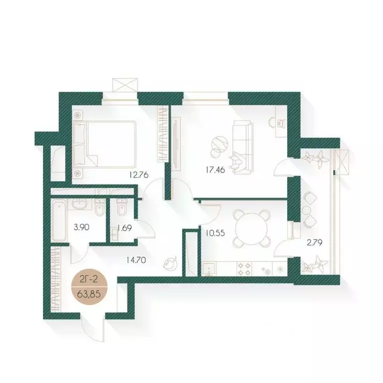 2-к кв. Татарстан, Казань Родины мкр, Наследие жилой комплекс (63.85 ... - Фото 1