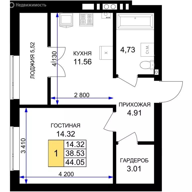 1-комнатная квартира: Гурьевск, жилой комплекс Включи (44.05 м) - Фото 0