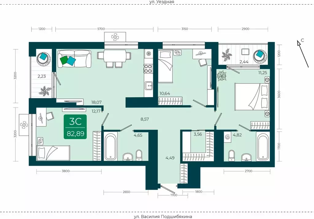 3-комнатная квартира: Тюмень, улица Василия Подшибякина, 9 (82.89 м) - Фото 1