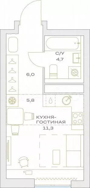 Квартира-студия, 27,8 м, 12/23 эт. - Фото 1