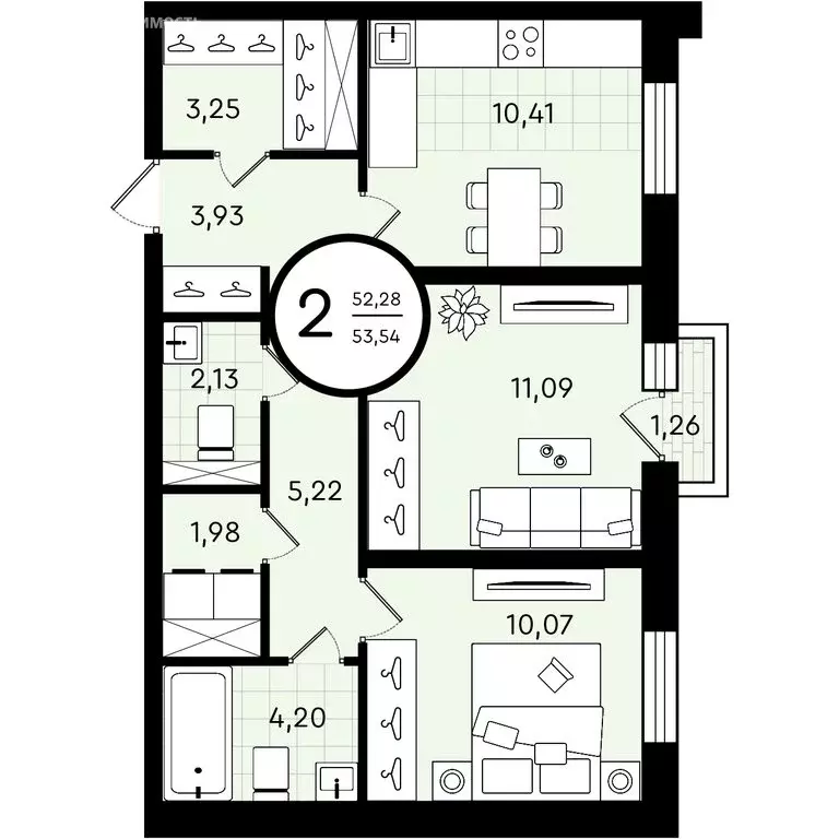 2-комнатная квартира: Тюмень, улица Александра Звягина, 3 (53.54 м) - Фото 0