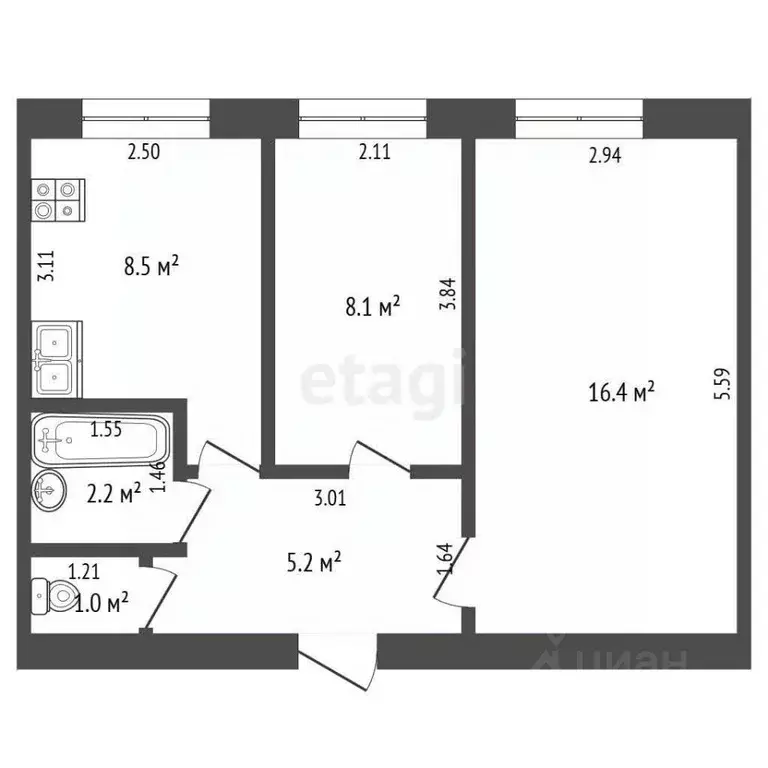 2-к кв. Татарстан, Альметьевск просп. Габдуллы Тукая, 61к1 (41.4 м) - Фото 2