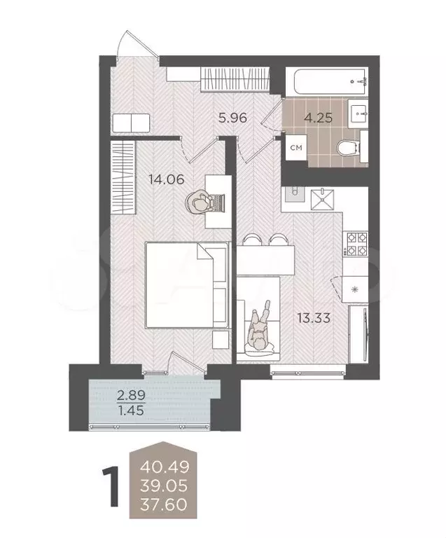 1-к. квартира, 39,1 м, 5/9 эт. - Фото 1