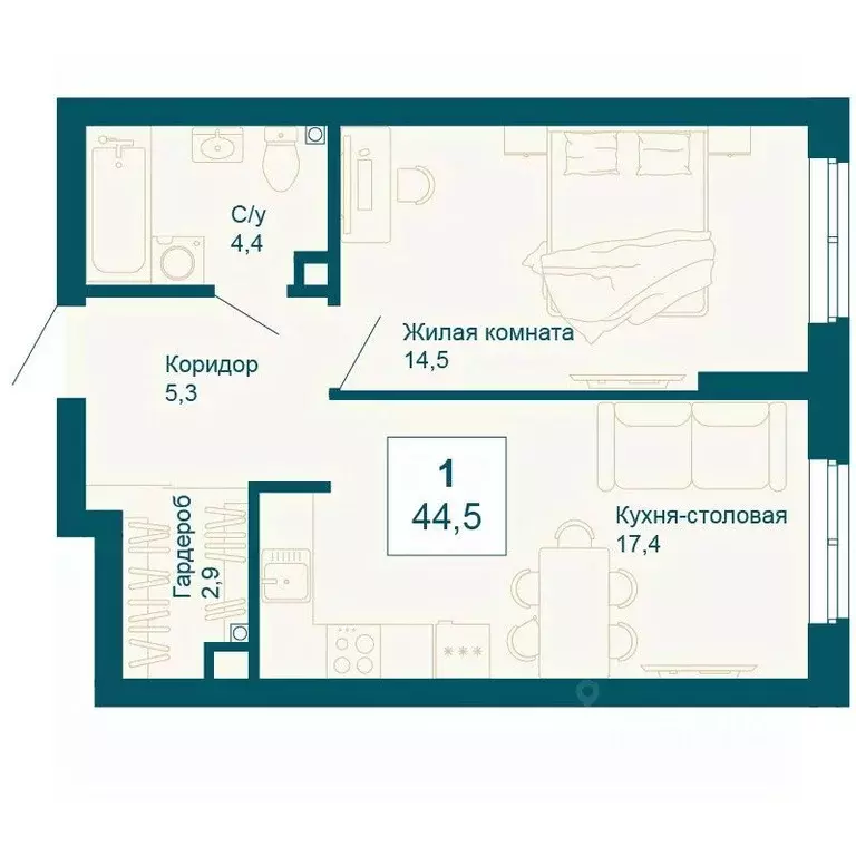 1-к кв. Свердловская область, Екатеринбург ул. 8 Марта, 197 (44.5 м) - Фото 0