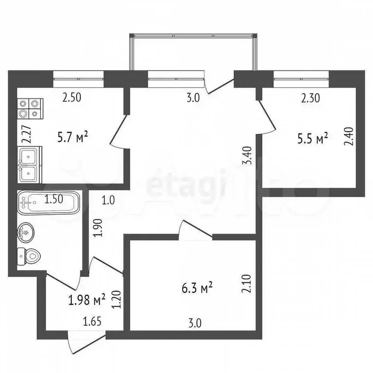 2-к. квартира, 34,2 м, 4/4 эт. - Фото 0